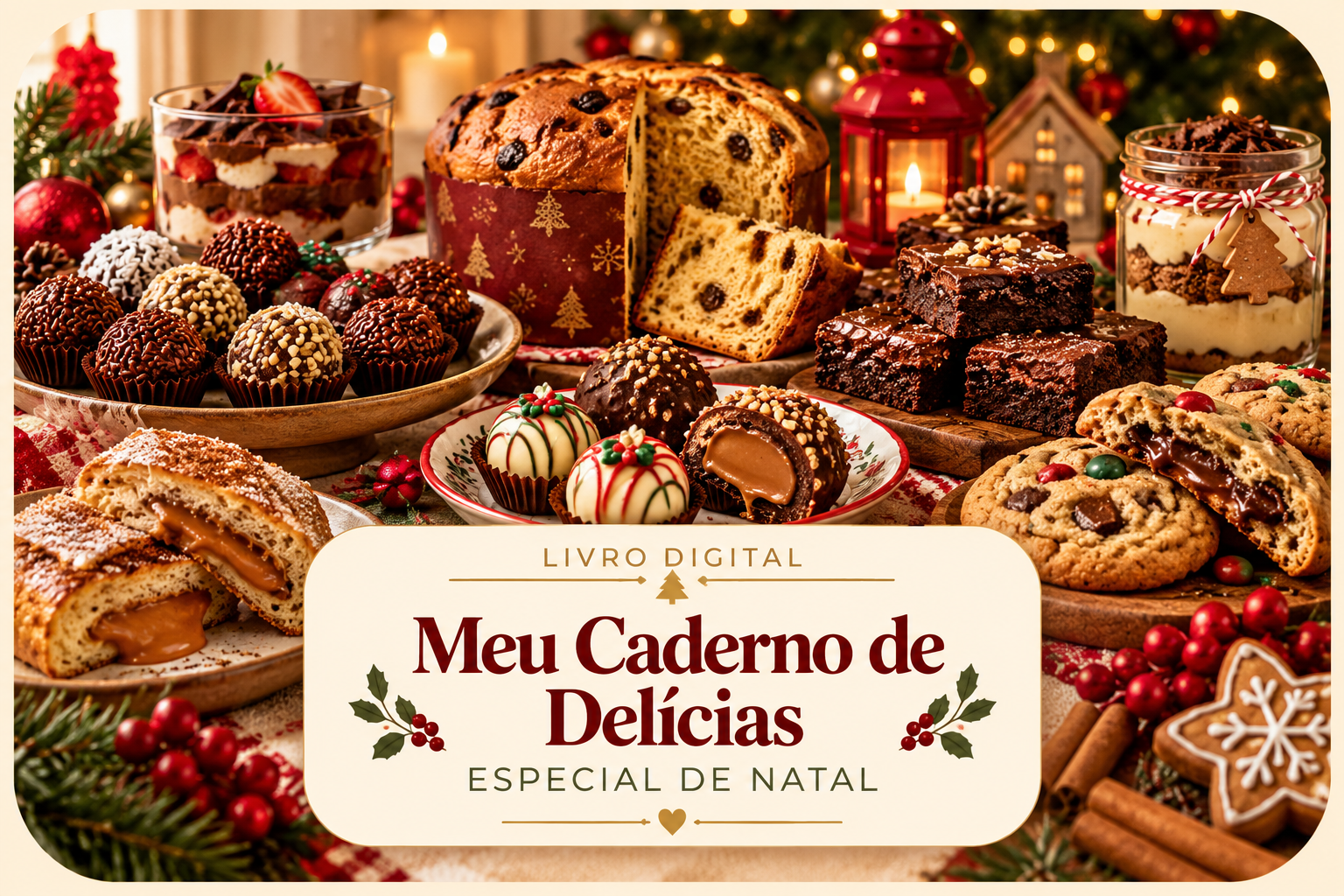 Capa do livro Meu Caderno de Delícias — Especial de Natal, com mesa de doces natalinos
