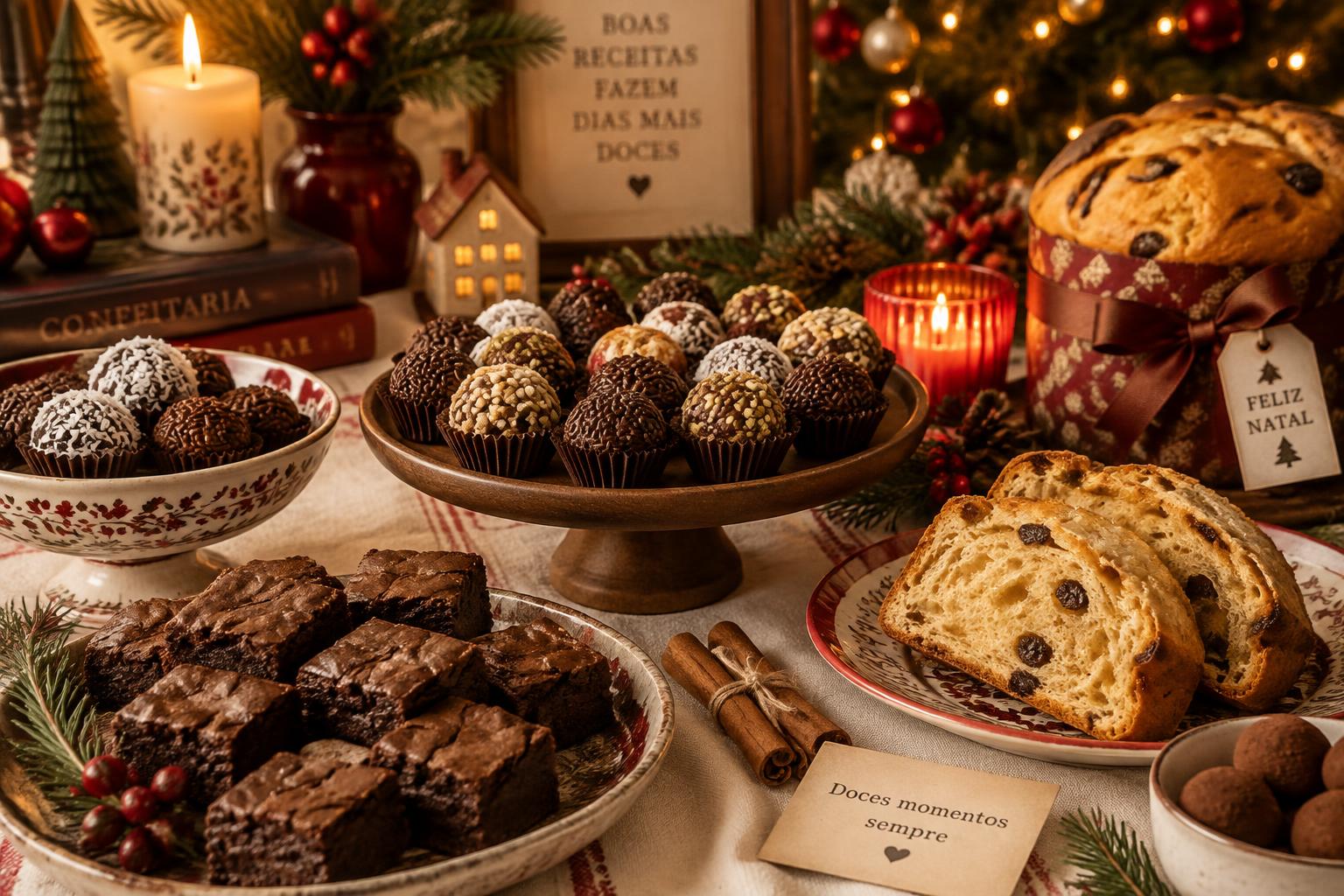 Mesa natalina cheia de doces caseiros