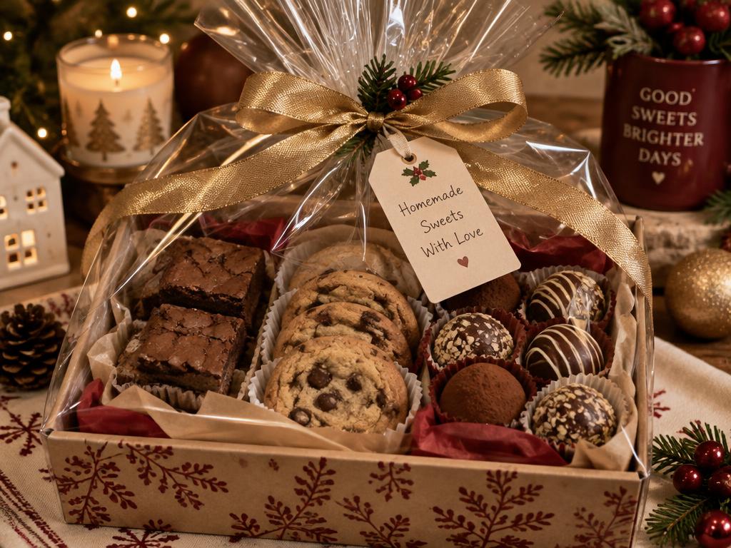 Kit presente natalino pronto com brownies, cookies e trufas