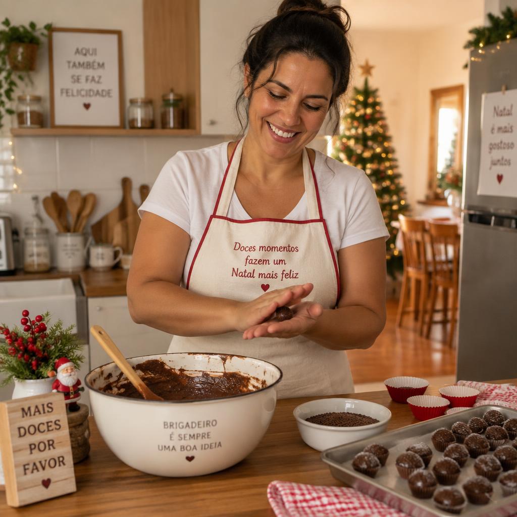 Mulher preparando brigadeiros na cozinha de casa