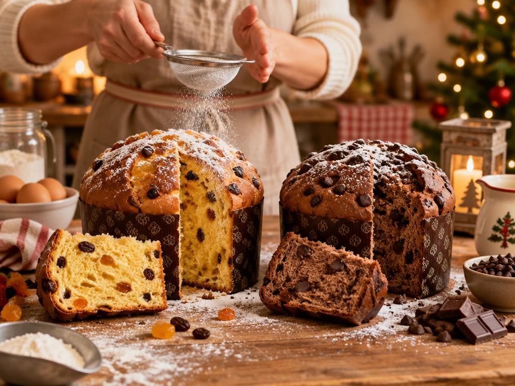 Panetone e chocotone caseiros sendo preparados